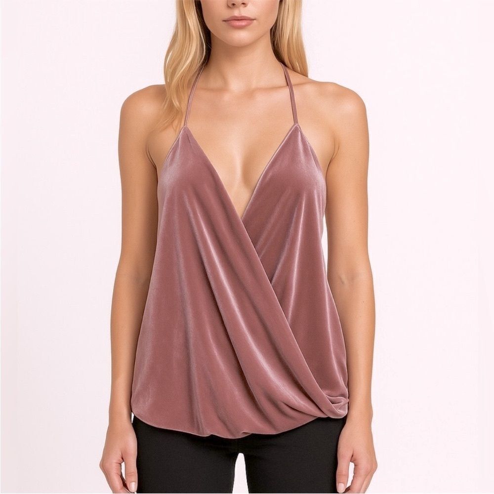 NSR Lavender Velvety Velour VβNeck Faux Wrap Halter Back Holiday Party Tank Top